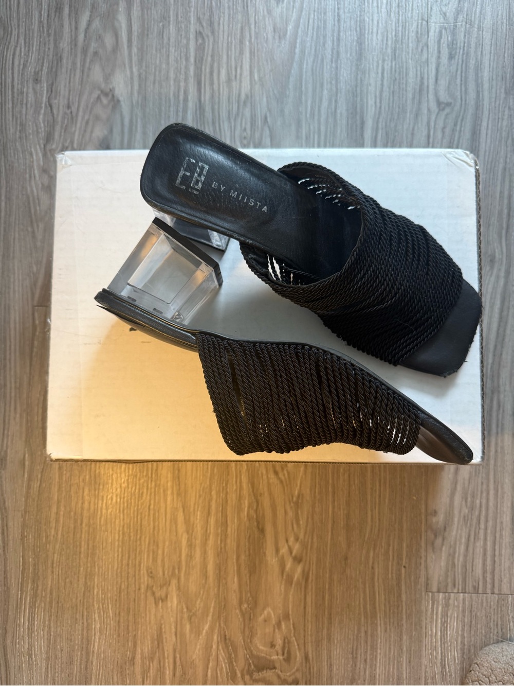 E8 by Miista Black Lucite Heel Rope Woven Mules - Picture 2 of 4